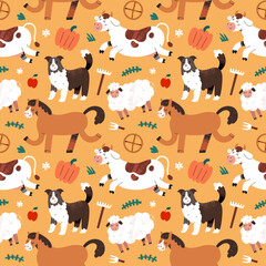Obraz premium Farmhouse animals, farm characters, cute cow and sheepdog, seamless pattern, cute mammal illustrations, good for baby textile, wrapping paper print