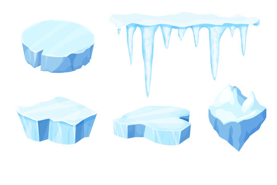 Set Ice floe, frozen water piece, iceberg in cartoon style isolated on white background. Polar landscape element, ui game asset. Winter decoration.