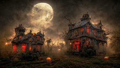 Halloween haunted house background, Digital painting technic. - obrazy, fototapety, plakaty