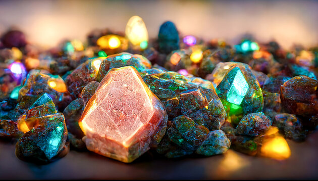 3D illustration image of beautiful multicolor raw gemstone.