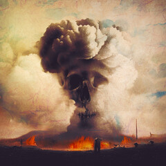 A nuclear explosion in the form of a human skull. Test site. 3D illustration