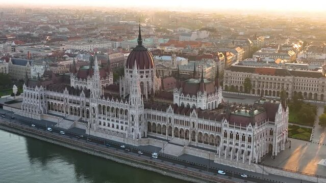 Hungarian Parliament Building with the Danube river, in Budapest, Hungary. 4K aerial drone view