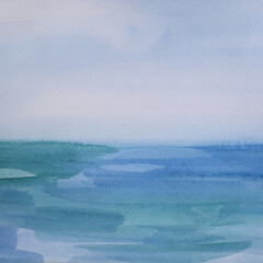 Seascape background with space for text. Skyline and sea water surface. Fluid texture beautiful liquid wet brush strokes. Beautiful relax artwork.