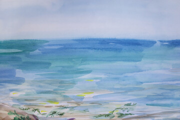 Seascape panorama background with skyline. Tide wave with marine alga. Nobody beautiful artwork. Rest concept.