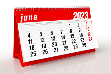 June 2023 Calendar. Isolated on White Background. 3D Illustration - obrazy, fototapety, plakaty