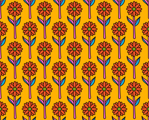 groovy background. Seamless bright repeat pattern of simple blooming flowers in 1970s psychedelic hippie style. graphic decor ornament in retro design. vector illustration