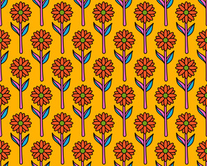 groovy background. Seamless bright repeat pattern of simple blooming flowers in 1970s psychedelic hippie style. graphic decor ornament in retro design. vector illustration