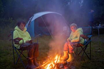 Kids, sitting around campfire at night, enjoying wild camping, family vacation