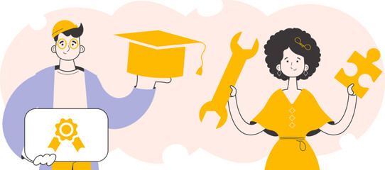 The students received their diploma. Trendy linear style. Vector.