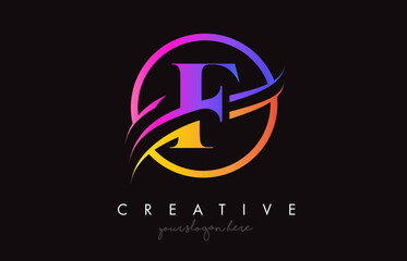 Creative Letter F Logo with Purple Orange Colors and Circle Swoosh Cut Design Vector