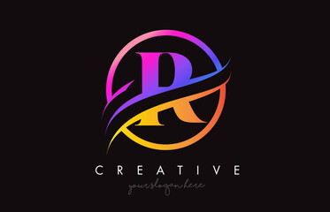 Creative Letter R Logo with Purple Orange Colors and Circle Swoosh Cut Design Vector