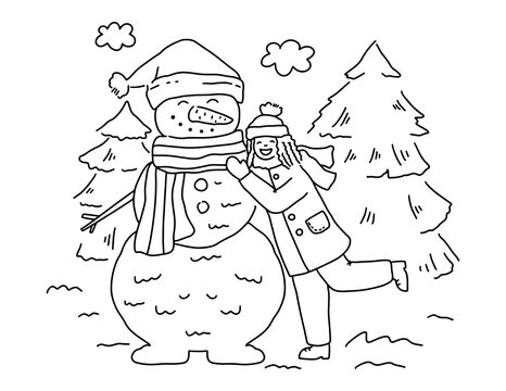 Winter coloring page for kids with girl and snowman. Outline Christmas illustration.