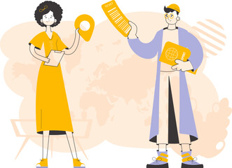 Travel agency. The guy and the girl sell vouchers. Trendy linear style. Vector illustration.