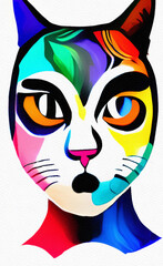 Colorful multicolored cat portrait illustration isolated on white background. Hand drawn watercolor and oil kitten face, canvas print, poster, shirt template. Little abstract creative design