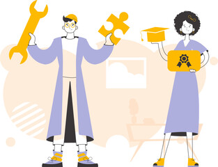 The students received their diploma. Linear style. Vector.