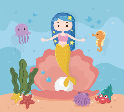 Little mermaid in the underwater world illustration