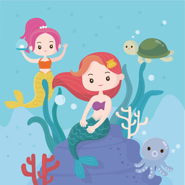 Little mermaid in the underwater world illustration