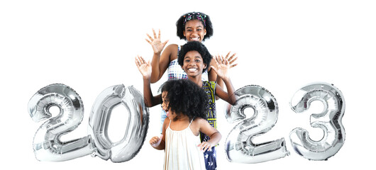 Kids smile and waving hands, silver metallic number balloons on wall, 2023 Happy new year, white background