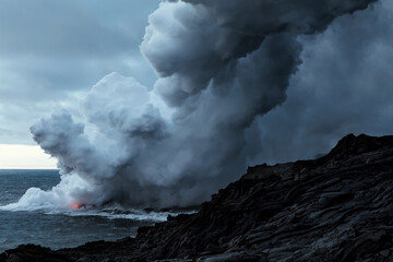 Explosive molten magma flowing into the sea Hawaii