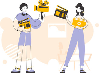 Guy and girl video bloggers. Trendy linear style. Vector.