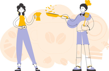 Chef and barista. Trendy linear style. Vector.
