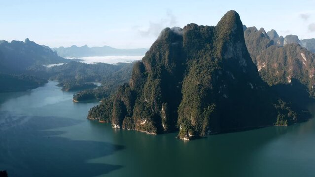 Aerial view of Khao Sok national park Cheow Lan Dam lake in Surat Thani, Thailand