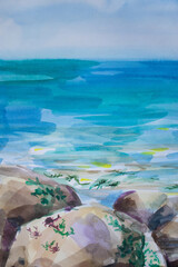 Image of Seascape with skyline painting. Smooth wet brush strokes fluid texture. Edge of water with marine life, crabs and algas. Tide wave at stones sea coast. Tropics environment. printed on Printed Glass Basin Splashbacks