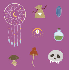 Halloween isolated stickers set. Witchcraft spooky doodle clip art hand drawn skull, dream catcher, potion, eye, mushrooms. Vector magic esoteric illustration	