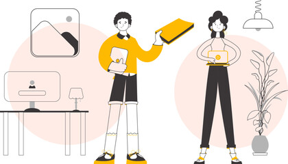 Man and woman teachers. Online learning concept. Linear style. Vector illustration.