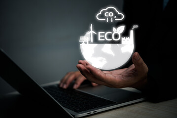Businessman touching screen virtual icon eco energy sustainable environment digital technology concept.