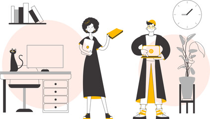 Man and woman teachers. Online learning concept. Linear style. Vector.