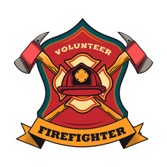 Firefighter patch. Badges with axes, hydrant, red heraldry with ribbons. Vector for firemen