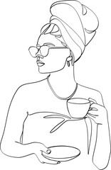 Continuous line drawing. A woman is relaxing with a cup of tea. Vector illustration.