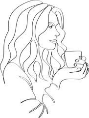 Continuous line drawing. A woman is relaxing with a cup of tea. Vector illustration.