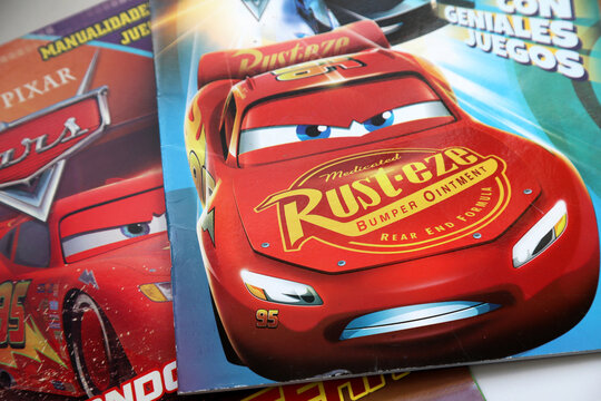 Magazine covers about Lightning MCQUEEN. Cars movie. Crane Mate. Toy car for Children. Tow Mate Mater. Pixar Cars movie. Red car. Number 95. Rust-eze. 