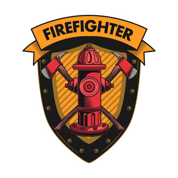 Firefighter patch. Badges with axes, hydrant, red heraldry with ribbons. Vector illustration for firemen, fire department