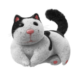 Fat fluffy toy cat lies on white transparent background. A cat with black and white spots, black eyes and a pink nose. 3d render illustration. 