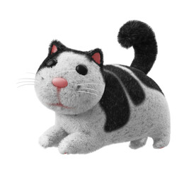 Fat fluffy toy cat stretches on white transparent background. A cat with black and white spots, black eyes and a pink nose. 3d render illustration. 
