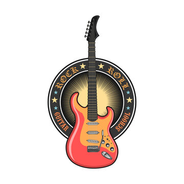 Music emblem. Bright badges with skulls, guitars, microphone, subwoofer speakers and text. Vector illustration for festival poster, rock and roll band label templates