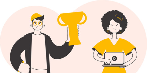 Team of teachers. Online learning concept. Trendy linear style. Vector.