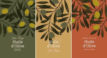 Olive oil design template. Vintage style. Olives with leaves set.