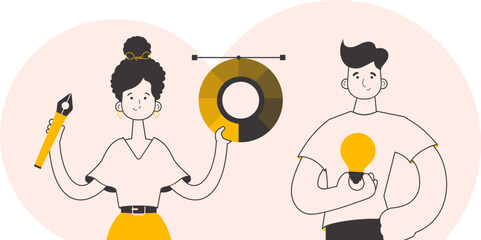Guy and girl designers. Linear style. Vector.