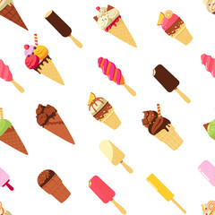 Cartoon ice cream pattern. Seamless print of colorful ice pop sweet cold dessert of different shapes and flavors. Vector summer ice cream texture