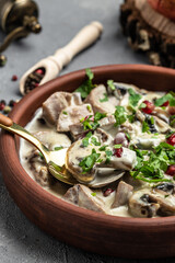 Staffed Mushrooms with meat and cream cheese, Restaurant menu, dieting, cookbook recipe vertical image. top view. place for text