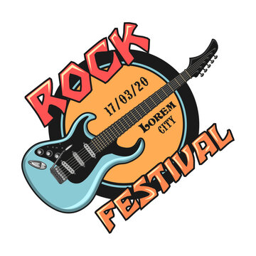 Emblem. Badge with skulls, guitars, microphone, subwoofer speakers and text. Vector illustration for festival poster, rock and roll band label templates
