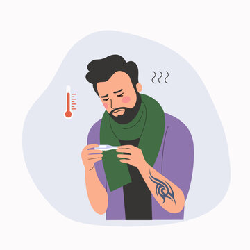 Young ill man with fever with high temperature isolated. Vector flat style cartoon illustration