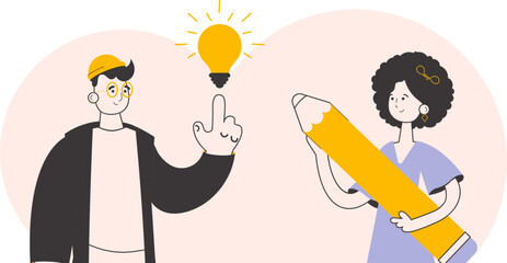 Guy and girl designers. Linear style. Vector.