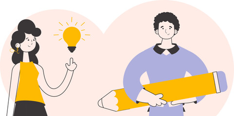 Guy and girl designers. Trendy linear style. Vector illustration.