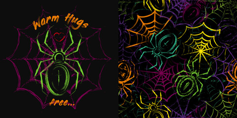 Set of halloween pattern and emblem with spider, spiderweb, text Warm hugs in sketch style. Grunge uneven paint brush strokes, smears. Design elements for Halloween decoration, t-shirt design.