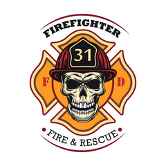 Firefighter patch. Badges with skull in helmet, axes, hydrant, red heraldry with ribbons. Vector illustration for firemen, fire department, rescue